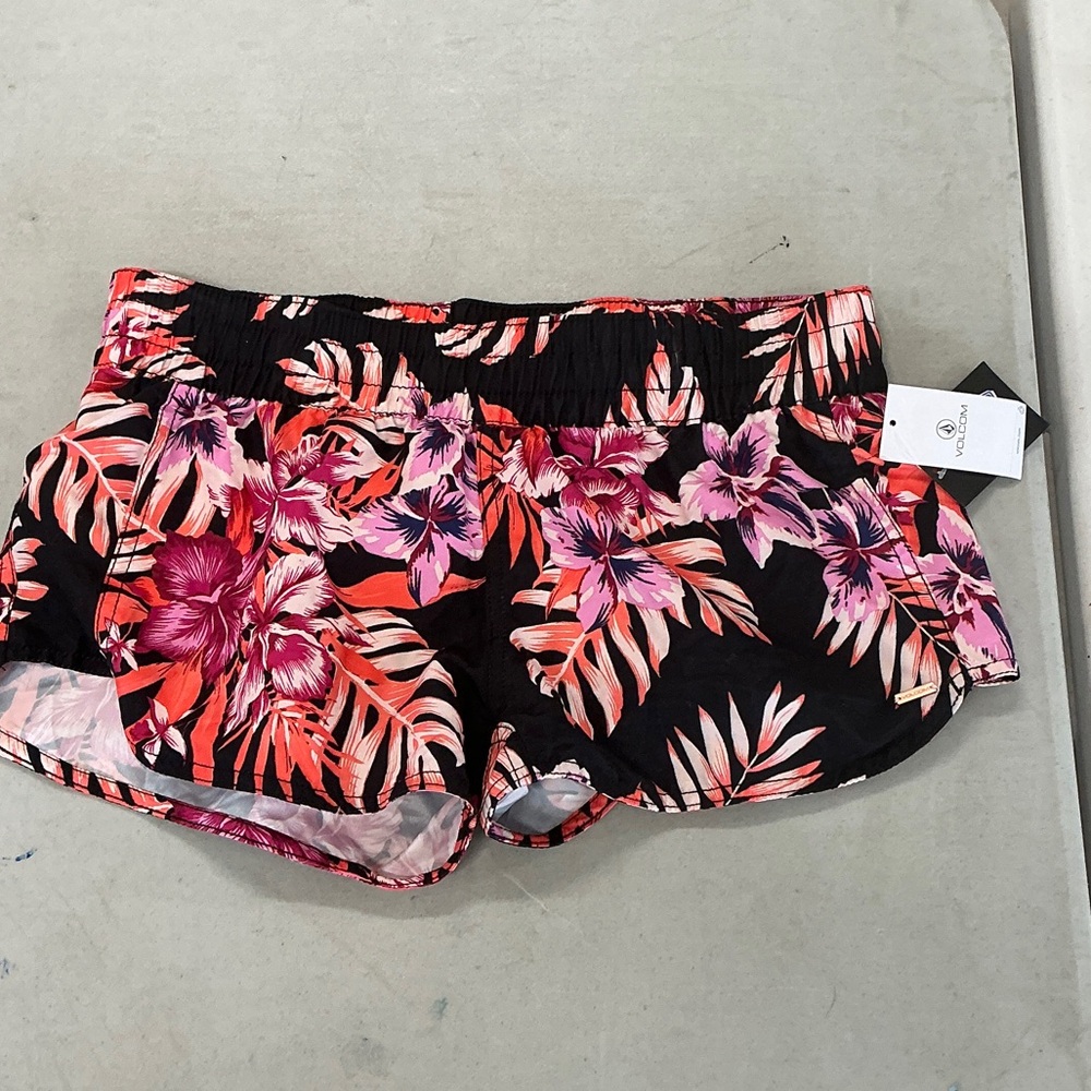 Volcom Black and Pink Floral Athletic Shorts